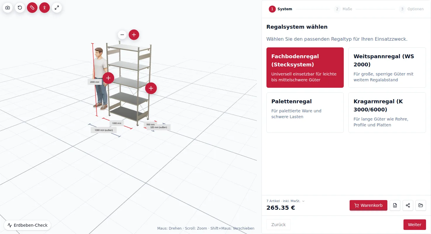 Screenshot: Regaltyp-Auswahl im Kreckler Regal-Konfigurator – Fachboden-, Weitspann-, Paletten- und Kragarmregal