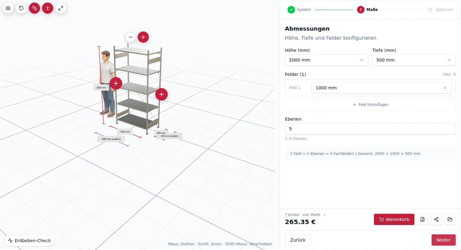 Screenshot: Maße festlegen im Regal-Konfigurator – Höhe, Breite, Tiefe mit Live-3D-Vorschau