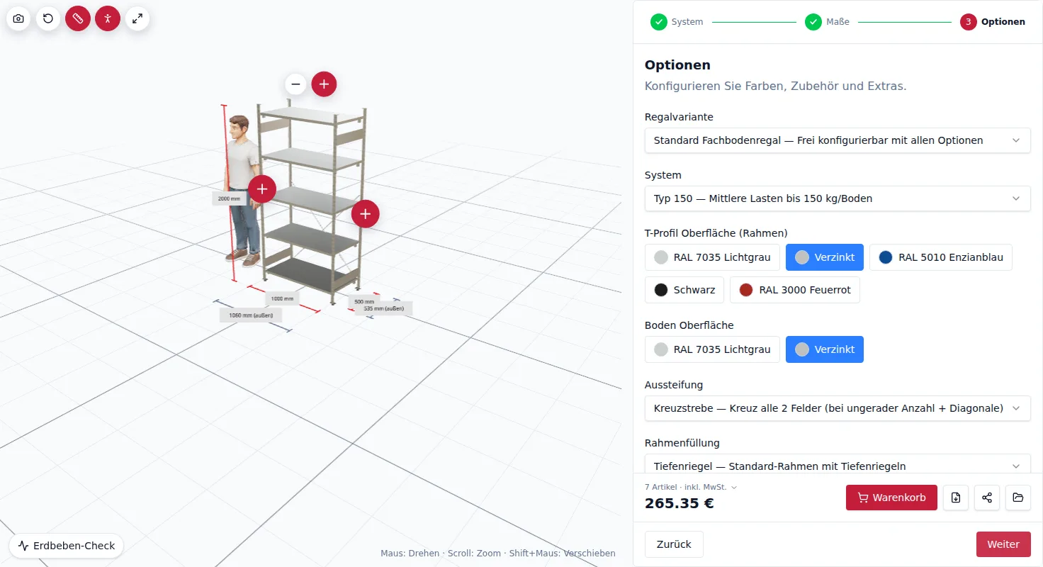 Screenshot: Optionen und Zubehör im Regal-Konfigurator – Material, Böden und Anbaufelder wählen