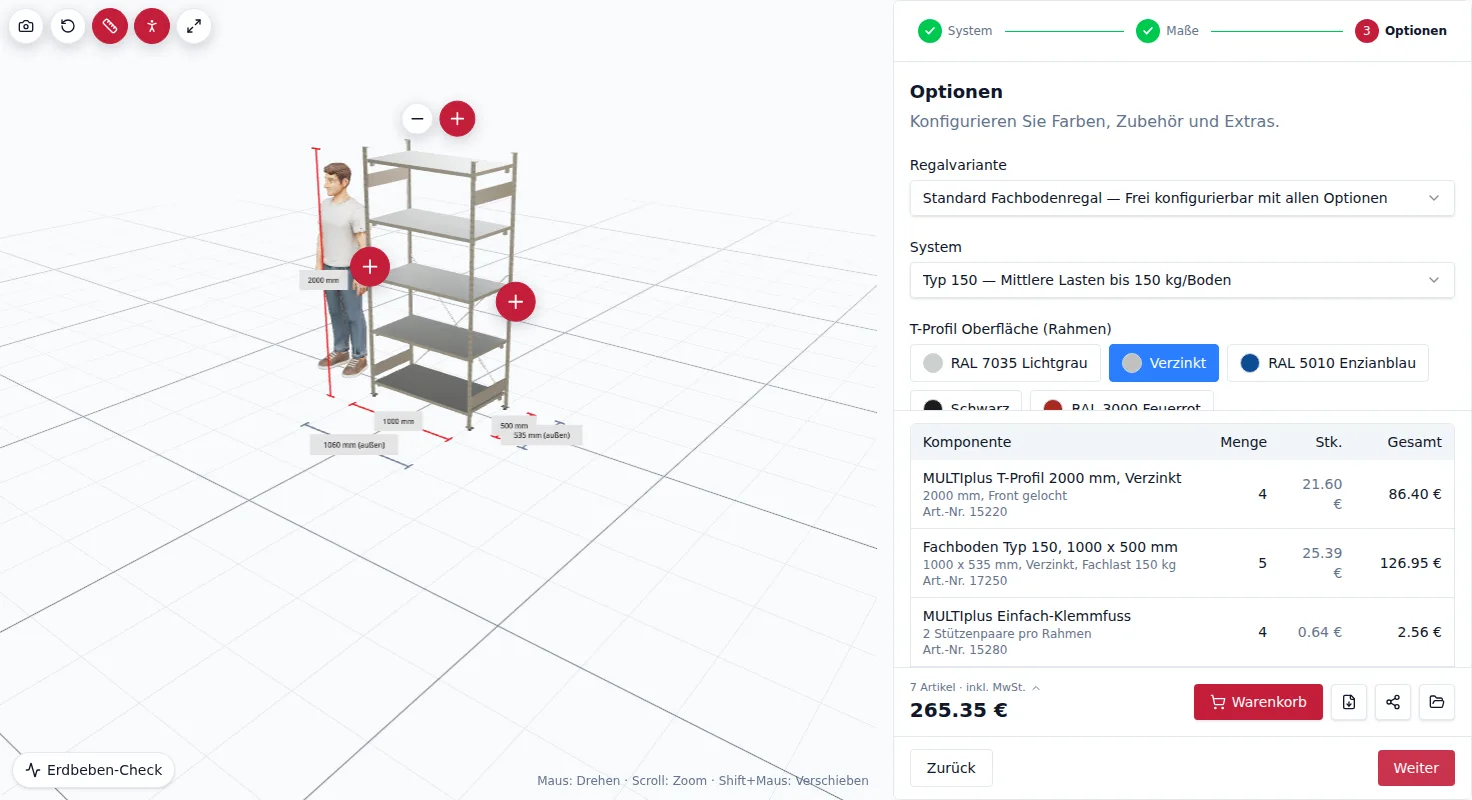 Screenshot: Zusammenfassung im Regal-Konfigurator – Stückliste, Preis und Bestellung
